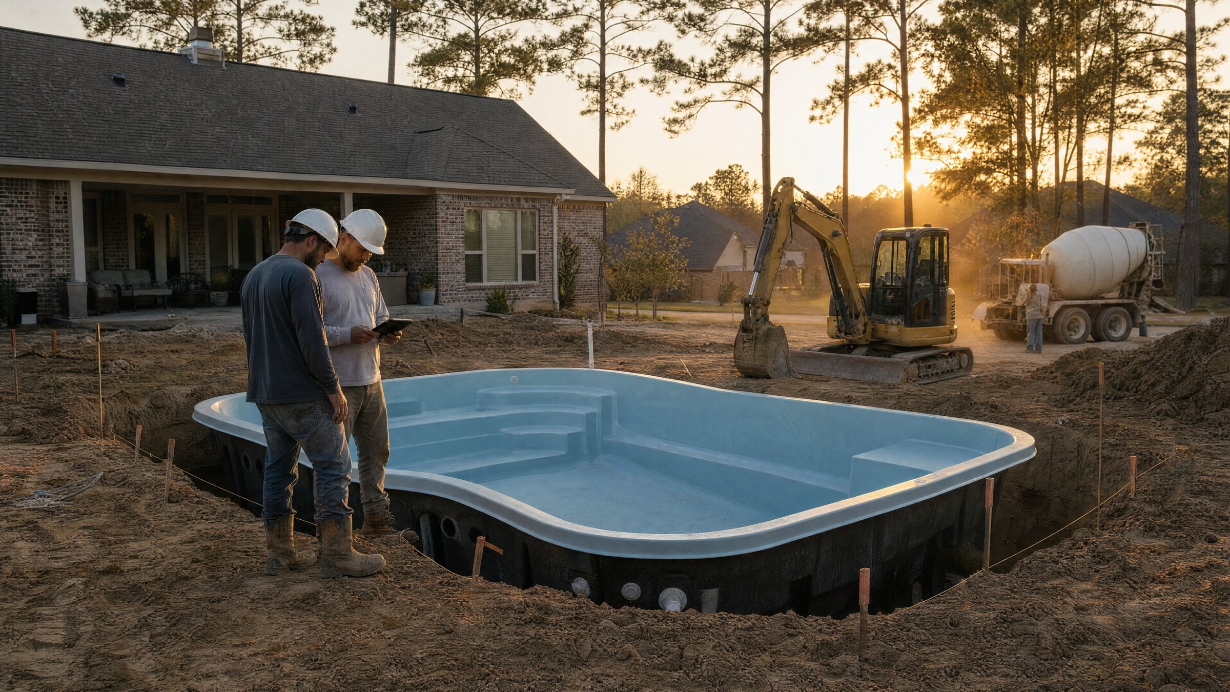 A fiberglass pool shell set in a fresh excavation at golden hour, two crew members checking the job on a tablet