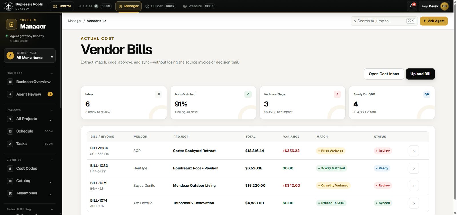 Scapely Build: an invoice checked line by line against the PO and pricebook