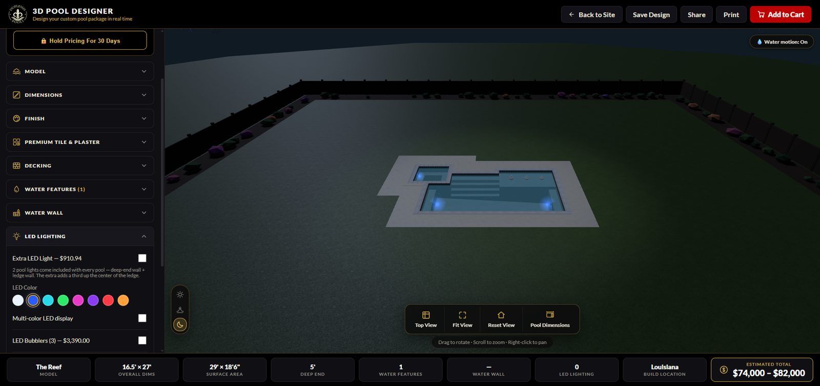 Scapely Studio: a priced 3D pool design on a builder's website